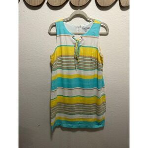 London Times Womens Striped Lace Up Shift Dress Turquoise Yellow Linen Blend 12